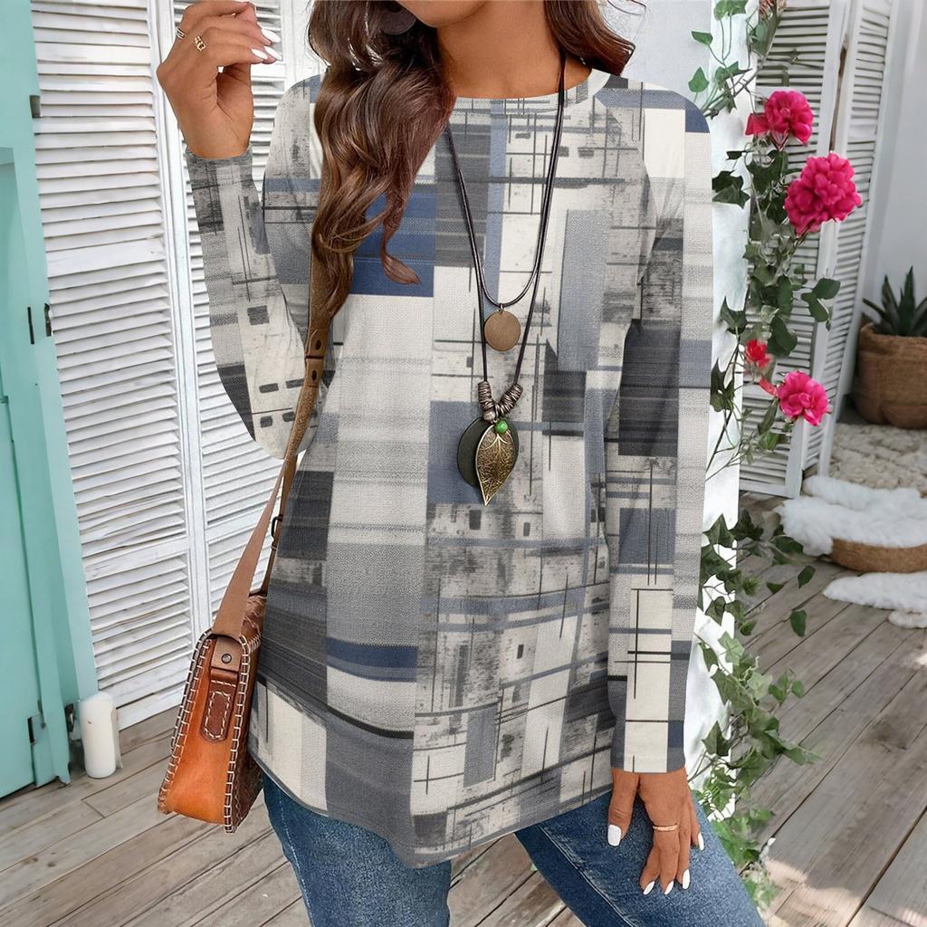 Женская повседневная футболка большого размера с длинными рукавами и круглым вырезом, винтажный этнический принт, топ-пуловер