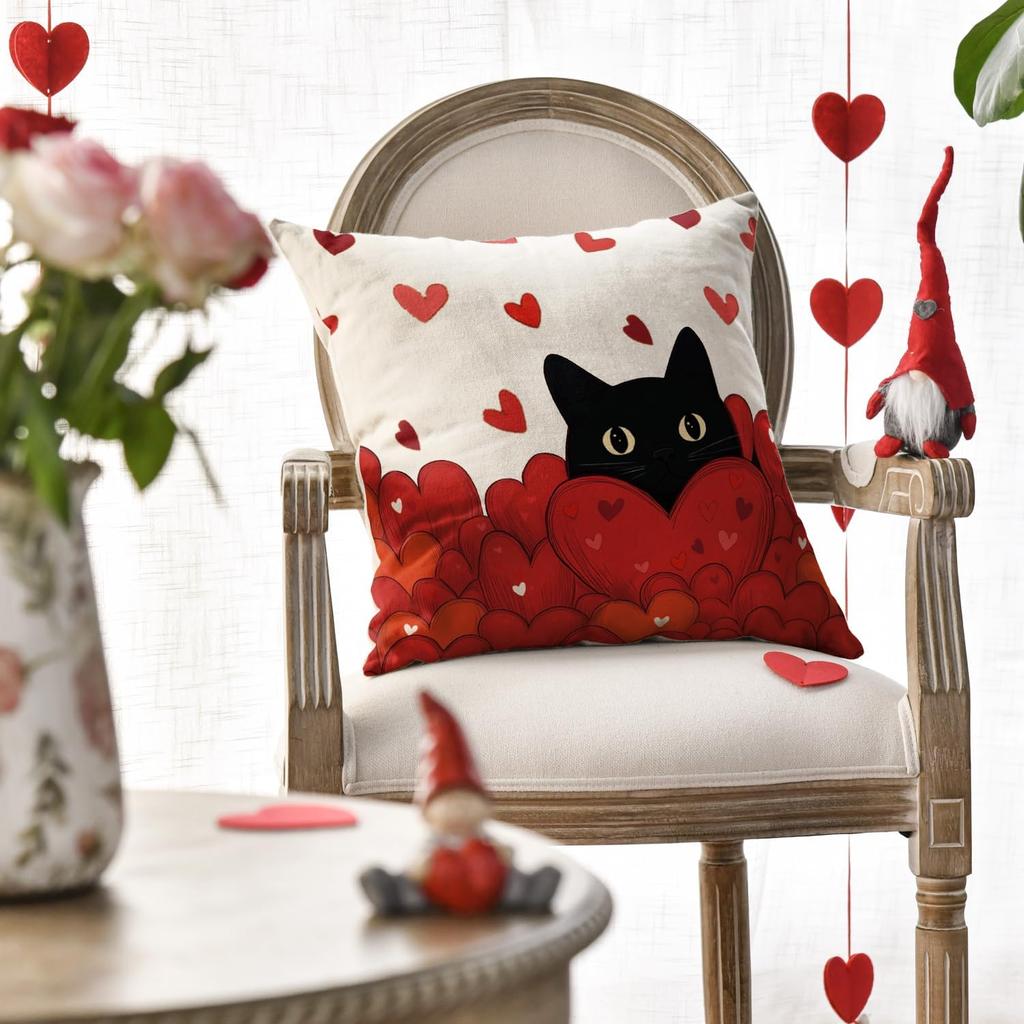 AVOIN colorlife Valentine's Day Black Cat Throw Pillow Cover, 18 x 18 Inch Red Love Heart Anniversary Wedding Cushion Case Decoration for Sofa Couch
