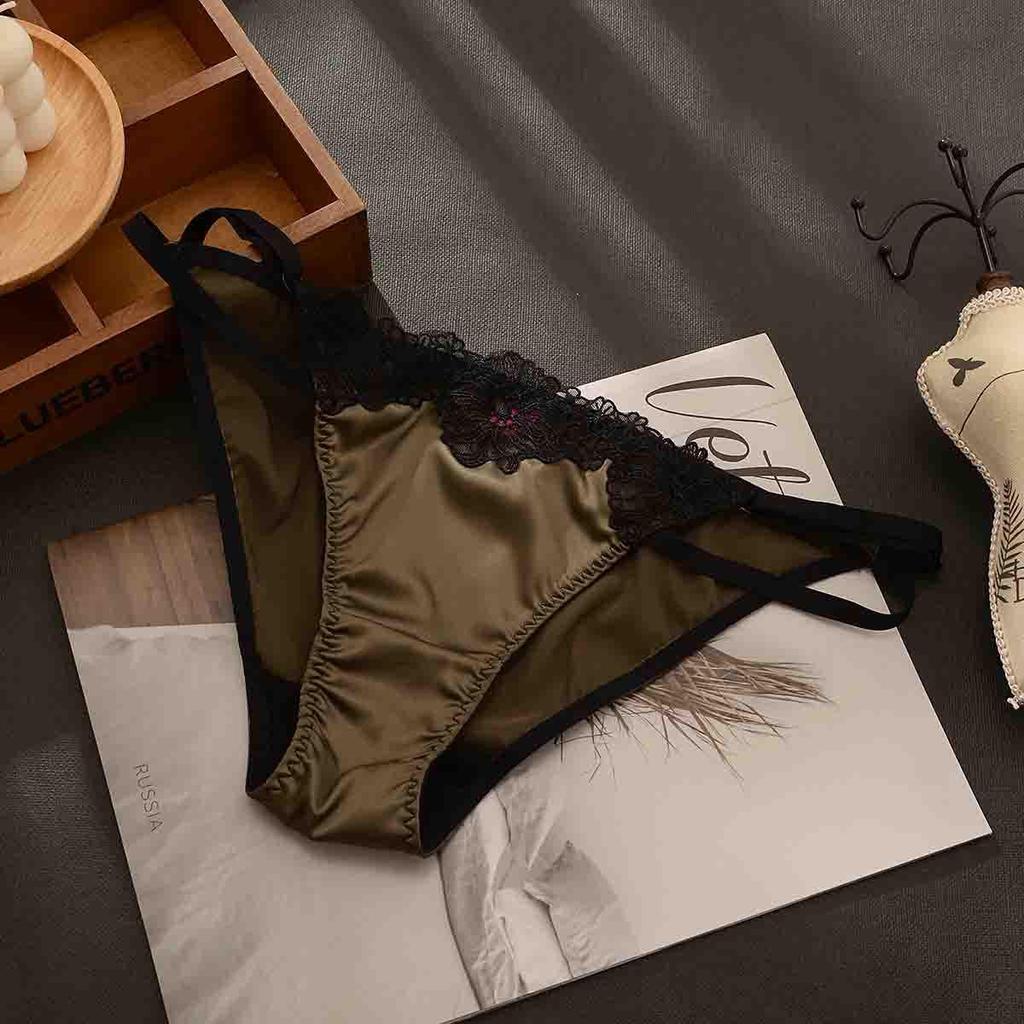 Elegant Satin Women's Briefs with Double Strap, Hollow Design, Adjustable Waistband, and Mid-Rise Cotton Crotch.