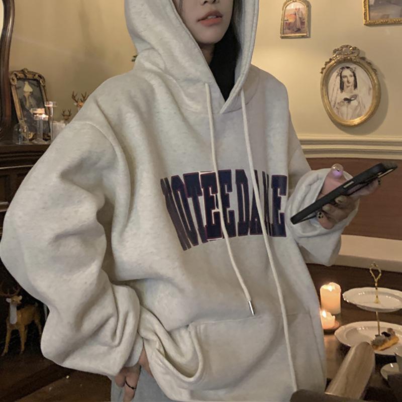 Padded Hooded Sweater Female Autumn and Winter Big Size Printed Fleece Shirt Autumn and Winter Loose Tops Fashion Retro Versatile Sweatshirt