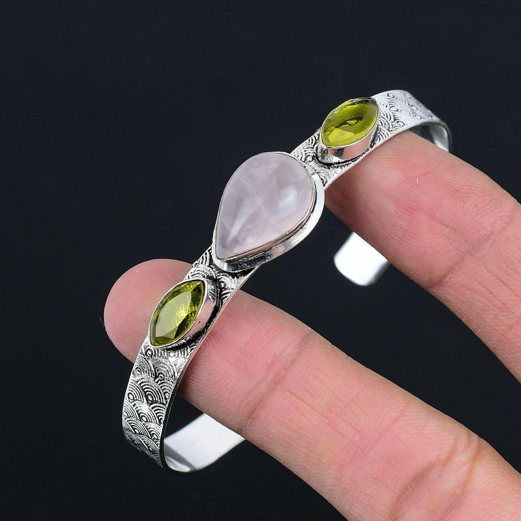 Natural Rose Quartz Gemstone 925 Sterling Silver Bangle Adjustable For Girls