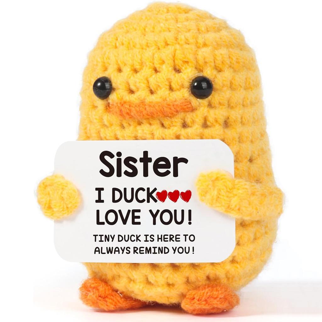 Positive Energy Duck Handmade Plush Wool Knitting Doll With Card Funny Crochet Duck Ornament Christams Gift Home Room Decoration