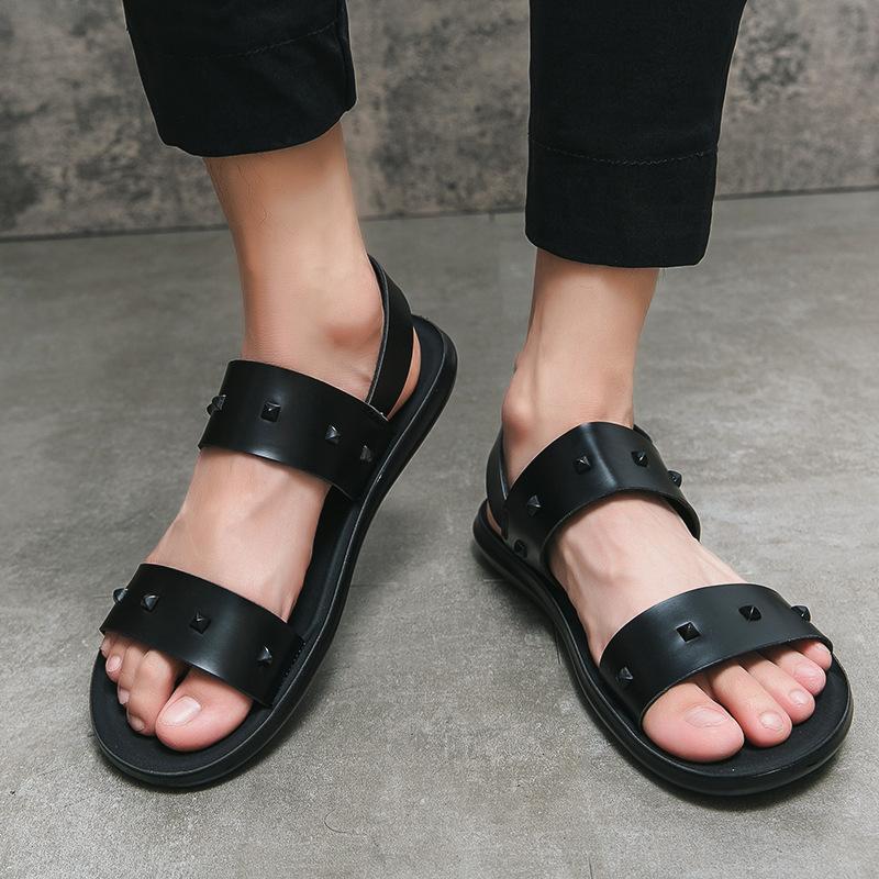2025 Summer Classic Black/White Men Rome Genuine Leather Roman Sandals Gladiator Breathable Sandals Romanas Hombre Flat Sandles