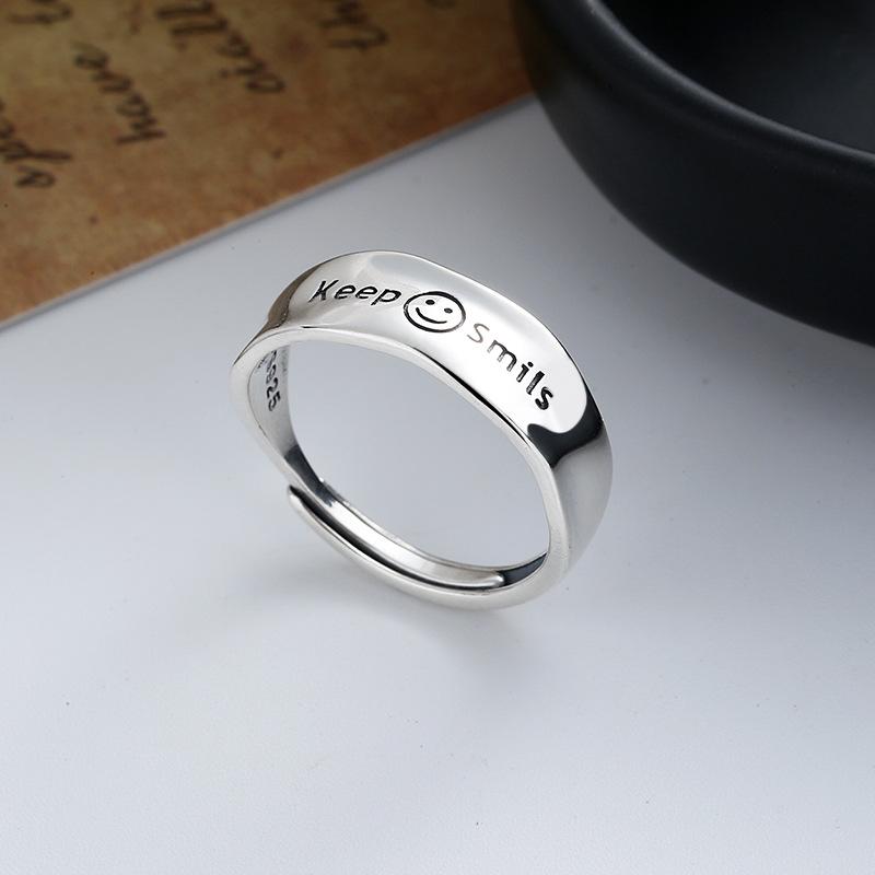 S925 Sterling Silver English Smils Ring Japanese and Korean Style INS Light Luxury Texture Cold Wind Index Finger Ring Female
