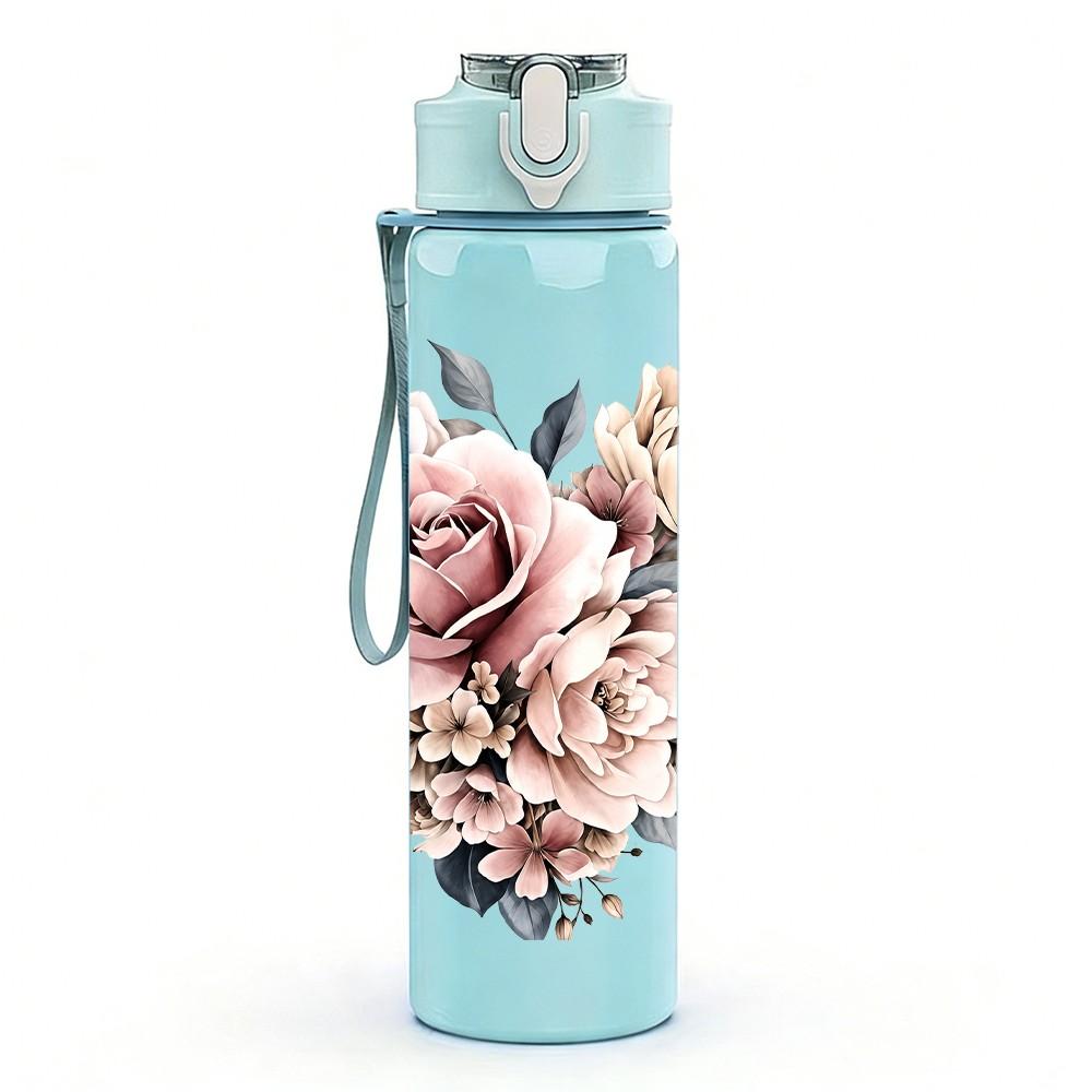 1PC Soft Pink Peony Flower Bouquet Print 750ml Color Plastic Sports Water Bottle Leakproof Flip Straw Lid Suitable for Sports Office Home Use
