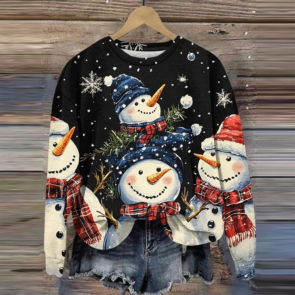 Женская мода круглый вырез пуловер длинный рукав футболка рождественский принт топ