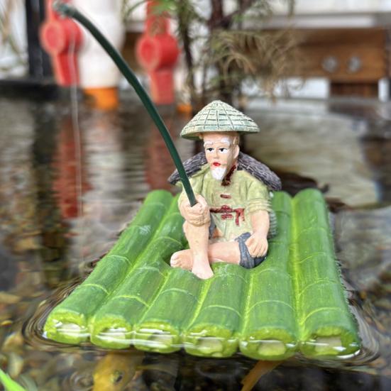 Bamboo Raft Fisherman Figurine Boat Fishing Elderly Resin Statue Sculpture Floating Outdoor Yard Fishpond Aquarium Decoration Ornament