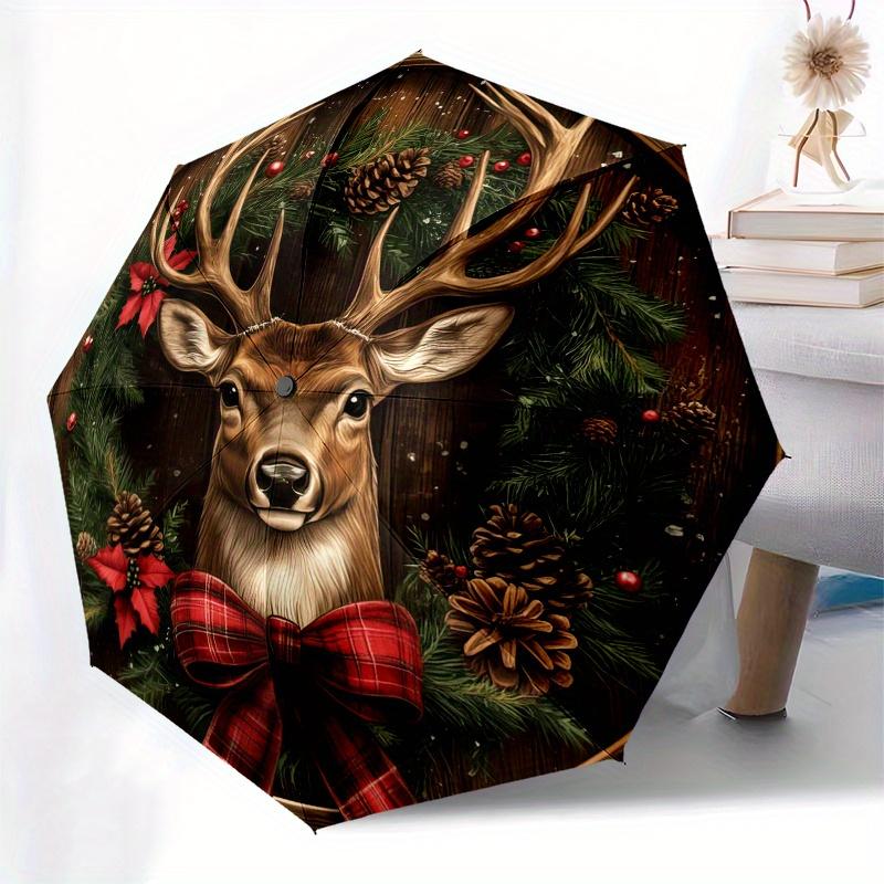 Christmas Deer Wreath Wooden Sign DecorationUmbrella, PortableFold Compact Umbrella for Men & Women Gift