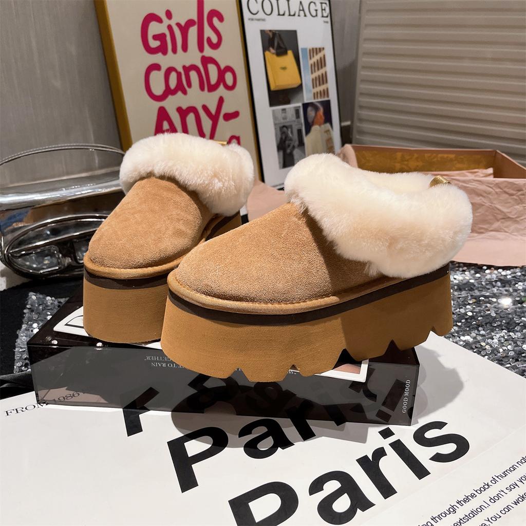 Кожаная шерстяная шерстяная обувь платформа маффин маленький человек 7 снежные хлопковые сапоги одна педаль полутапочки женская обувь прилив