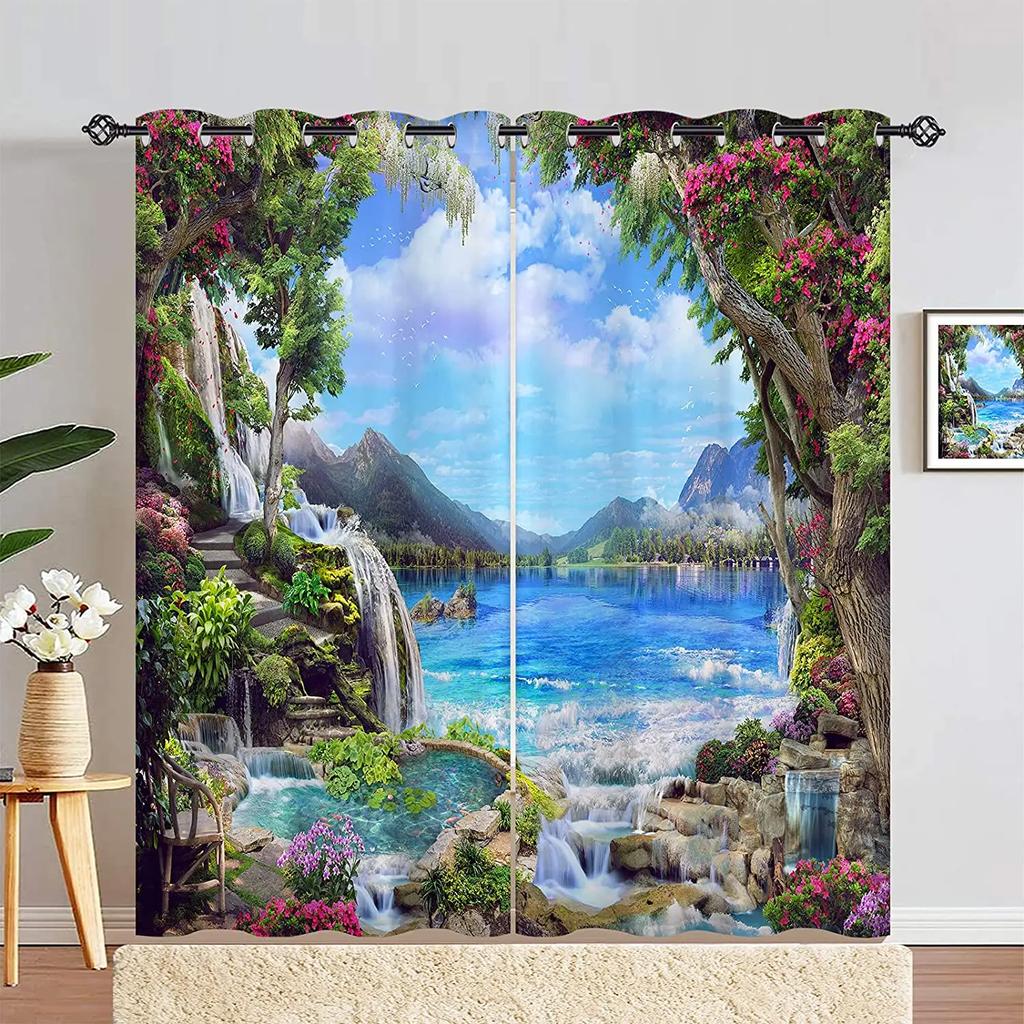 Nature Landscape Scenery Curtains for Bedroom, Window Panels with Garden, Pink White Flowers, Waterfall Lake Scene Print Pattern