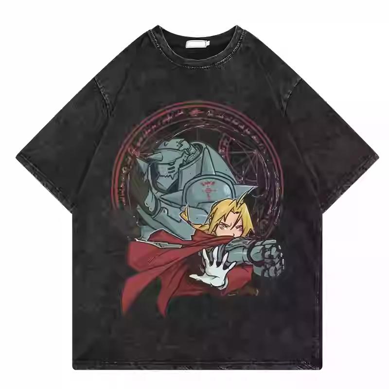 Anime Fullmetal Alchemist Brotherhood Gothic Frame Brothers Graphic Print T-Shirt Men Women retro Washed O-Neck Cotton Oversize streetwear fashion Top