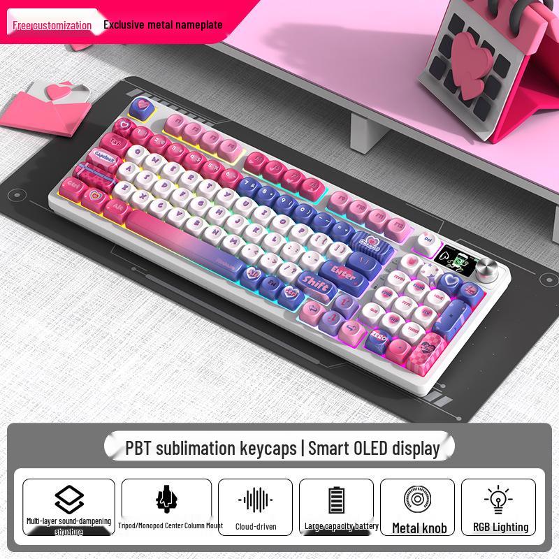 98-клавишная RGB беспроводная Bluetooth механическая клавиатура с тройным режимом - Игровая, для киберспорта и офиса, с настраиваемым экраном
