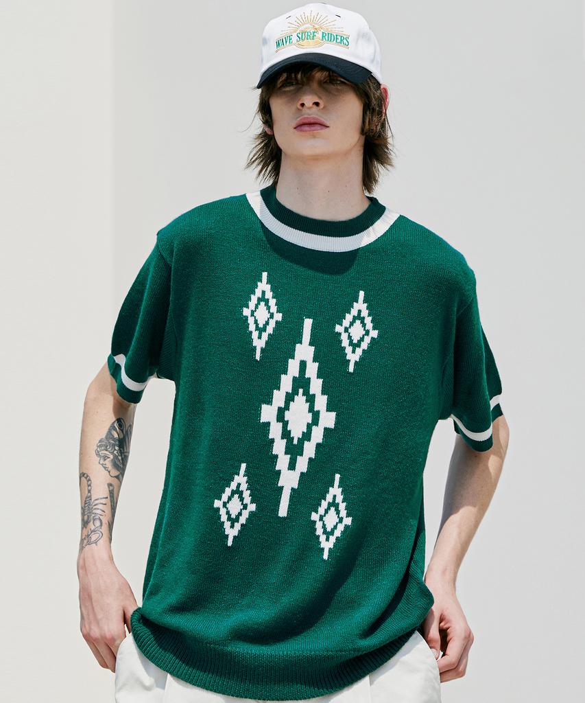 KND Navajo Pattern Loose Fit Ringer Half Knit Peacock Green