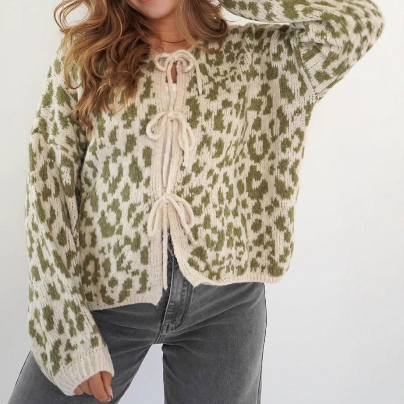 Womens Leopard Print Knit Cardigan With Tie Front Round Neck Long Sleeve Streetwear Sweater