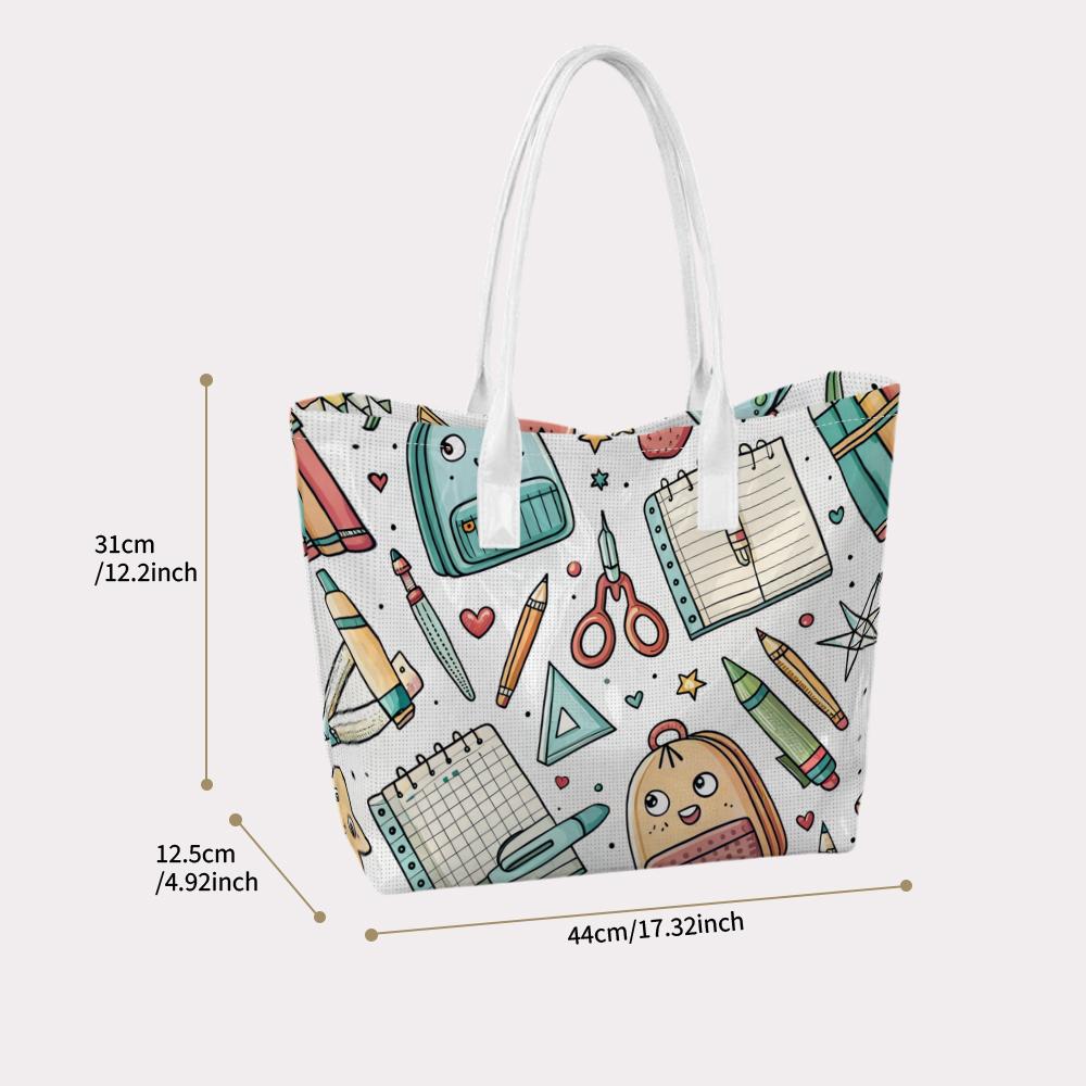 Cute School Stationery Print Tote Bag Portable Large Capacity Handbag For Daily Shopping Travel