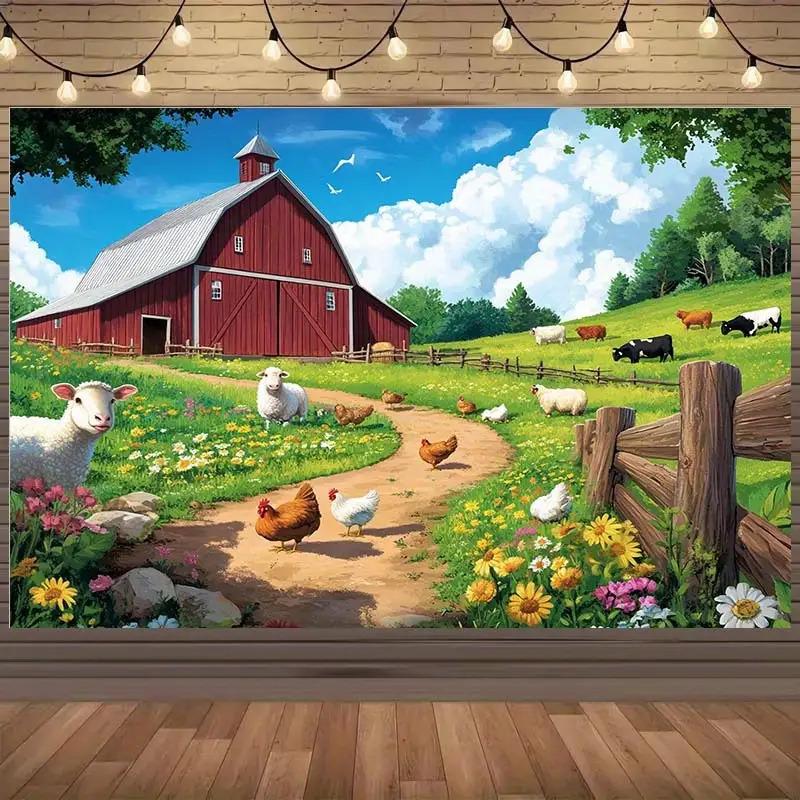 1 piece - Glittering rural scenery barn animal farm background fabric: Polyester fiber