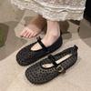 Spring New Mesh One-word Buckle Ballet Shoes Women's Rhinestone Flats Hollow Fishing Net Mary Jane Single Shoes