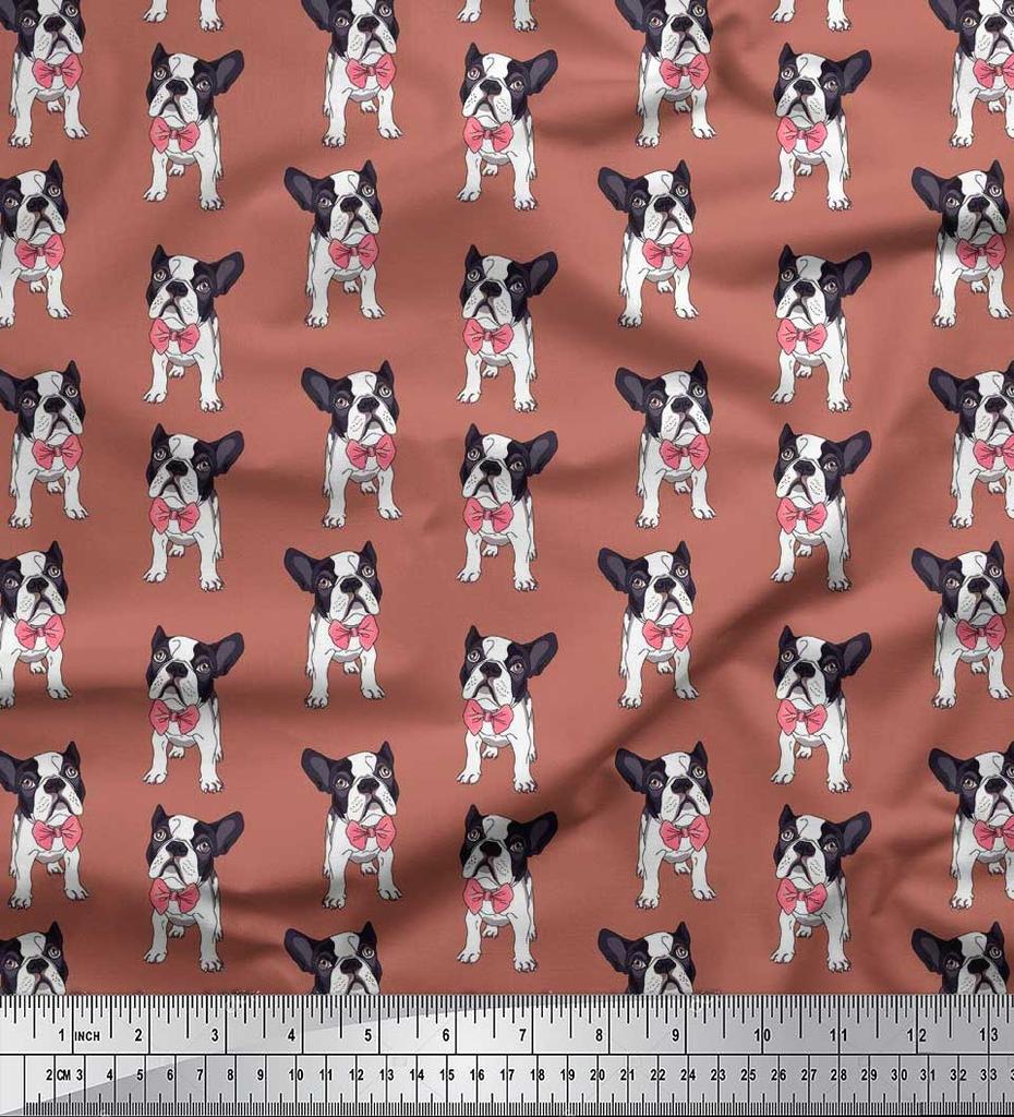 Soimoi Japan Crepe Satin Fabric Bow & Boston Terrier Dog Print Fabric by the Metre 42 Inch