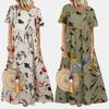 Women's Vintage Print Casual Summer Short Sleeve O-neck Thin Cotton Dresses
