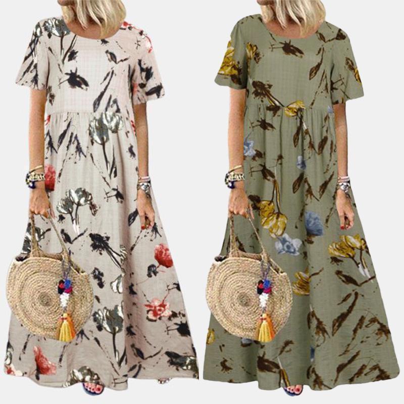 Women's Vintage Print Casual Summer Short Sleeve O-neck Thin Cotton Dresses