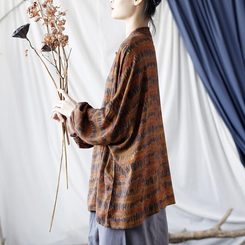 Johnature Women Vintage Print Floral Shirts Autumn Cotton Linen Tops Stand Long Sleeve Blouses Loose Button Shirts