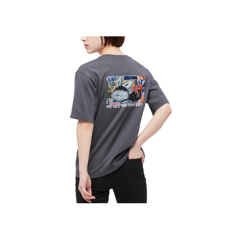 Uniqlo X Pop Mart Мультяшный Аниме Принт Футболка с Круглым Вырезом Унисекс Топы Темно-Серый 449367-08