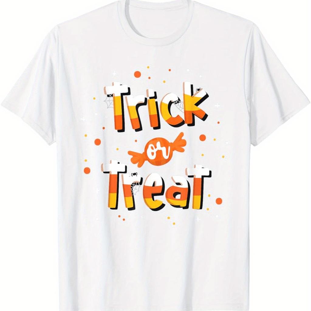 Мужская футболка на Хэллоуин с принтом 'Trick or Treat' Черная с Желтым Оранжевым Принтом Конфет Короткий Рукав Повседневная Круглый Вырез