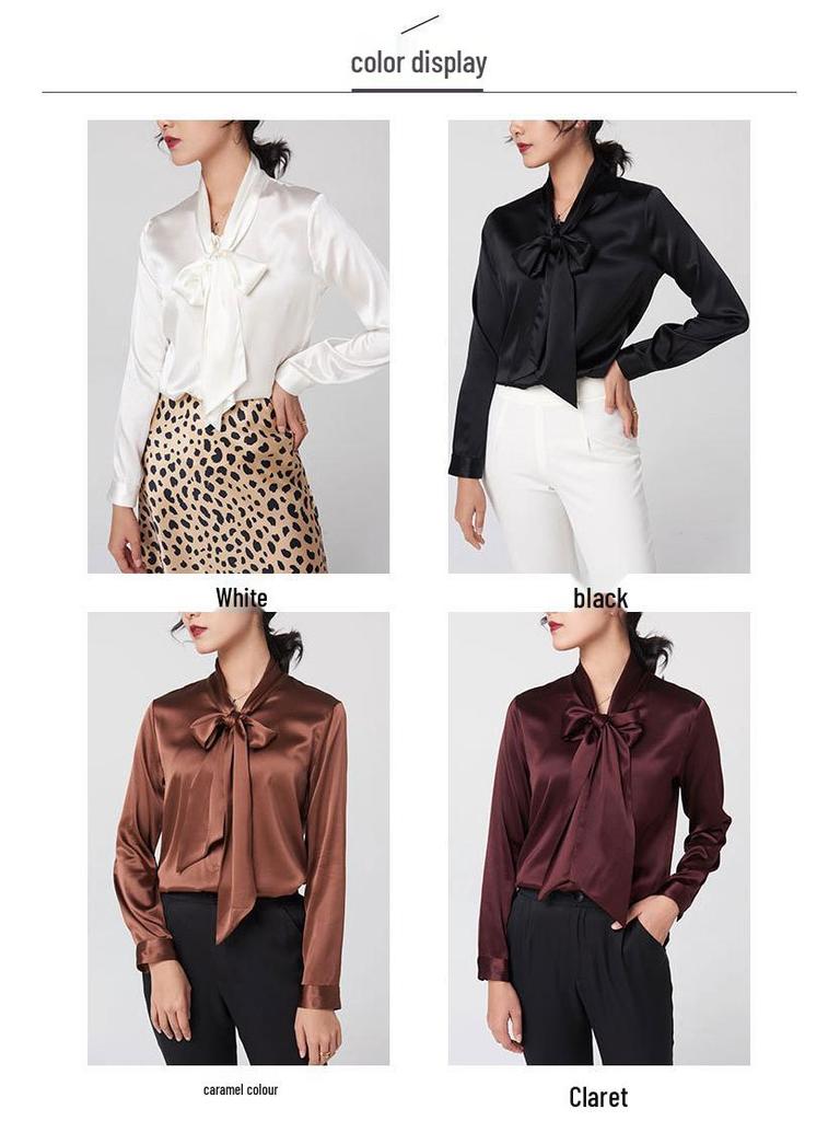 Heavyweight Mulberry Silk V-Neck Bow Blouse - Women's Long Sleeve Shirt for Autumn & Spring