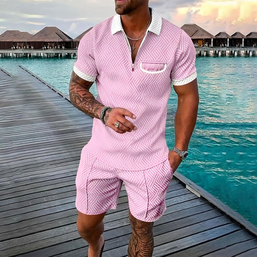 Мужской летний однотонный комплект из рубашки с коротким рукавом, карманом на молнии и лацканами, шортами
