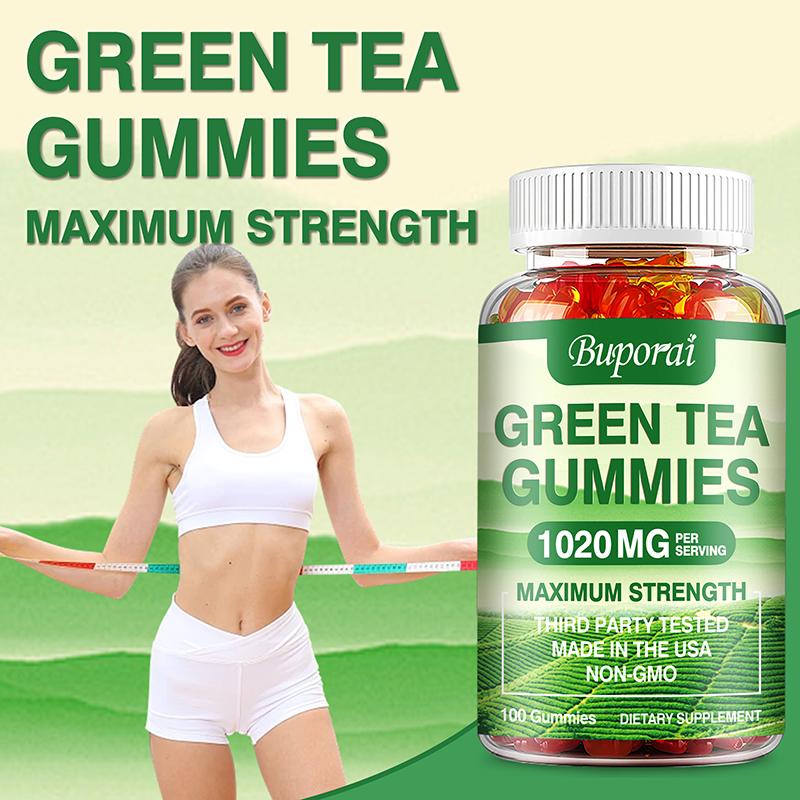 Green tea gummies; 1,020 mg per serving; contains Garcinia Cambogia, raspberry ketone, and coffee bean extract; promotes digestion.