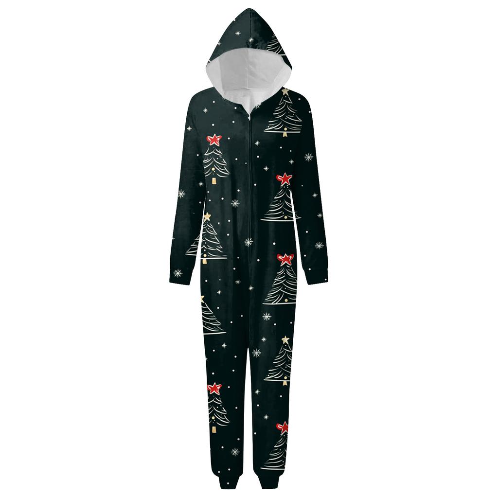 Christmas Print Family Matching Hooded Long Sleeved Zippered Jumpsuit Set