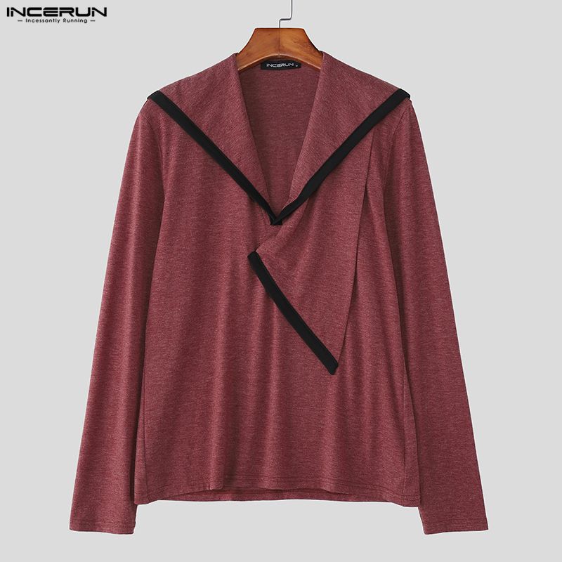 INCERUN Мужские футболки с нерегулярным вырезом, длинным рукавом, со вставками, повседневные, осенние, майки