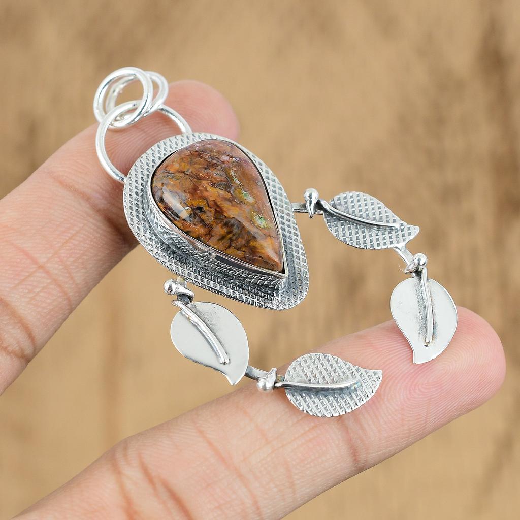 Wedding Gift For Her 925 Sterling Silver Natural Petrified Wood Gemstone Pendant
