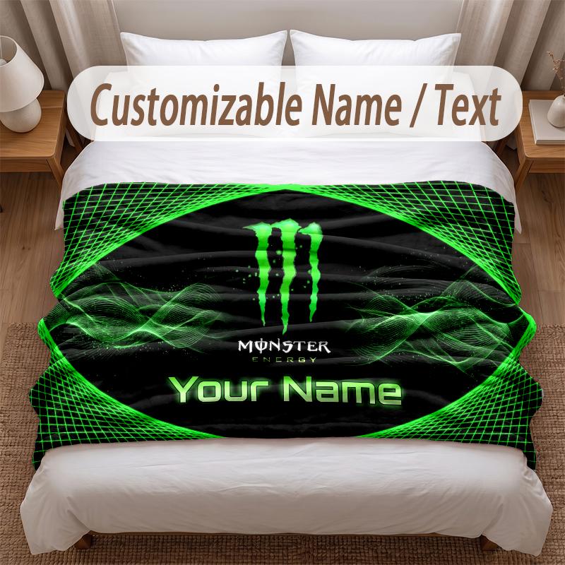 Monster Energy Printed Flannel Blanket Custom Name Text Soft Warm Throw For Bedroom Holiday Gift