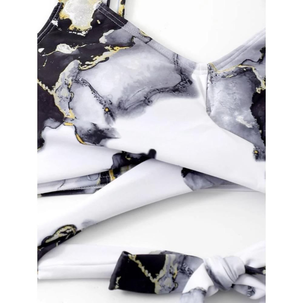 Three Pieces Marble Print Halter Micro Triangle Bikini Swimsuit Women Beach Skirt Swimwear Summer Beach Bathing Suit Bikini Set