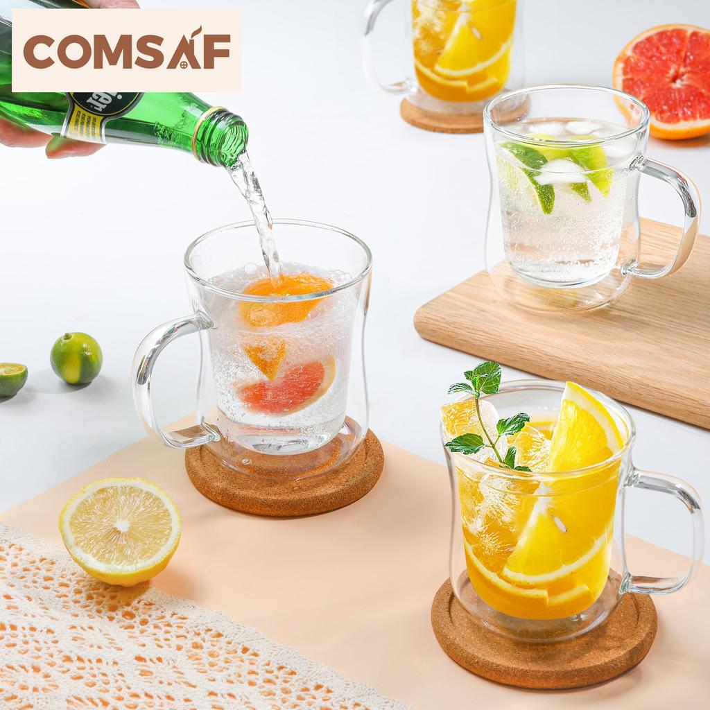 ComSaf Двойная стеклянная кружка с ручкой, двухслойная теплоизоляция, холодоизоляция, 350 мл, кофе, молока, сока, подходит для микроволновой печи, 2 шт.