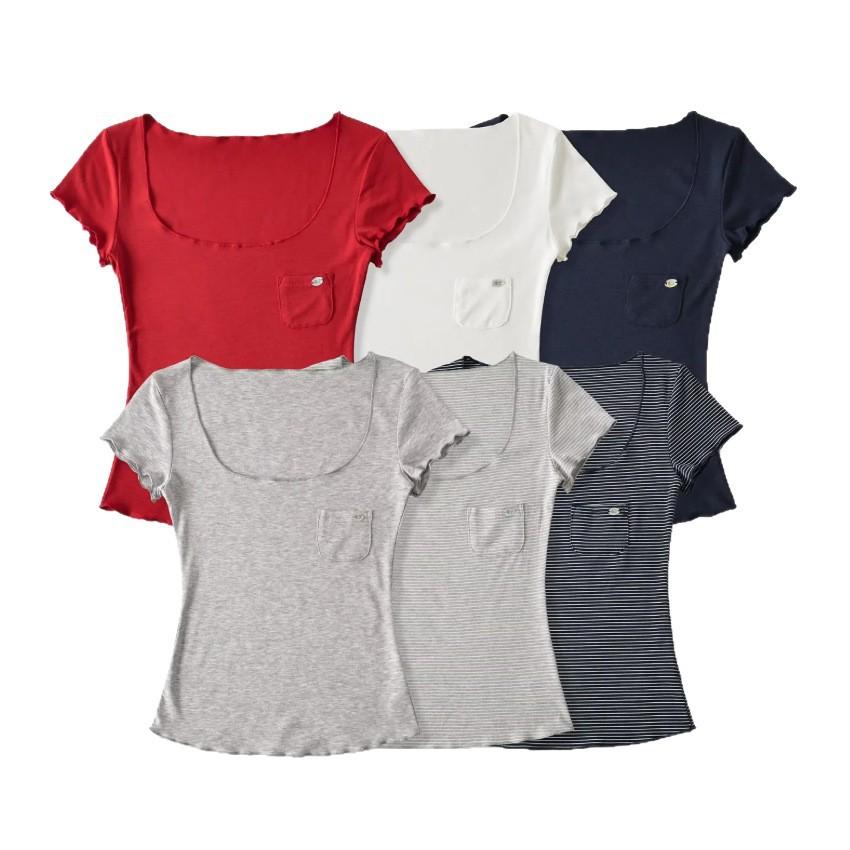 Micro-transparent U-neck short-sleeved T-shirt women's summer new American Spice Girl solid color slim-fitting and thin elastic bottoming top