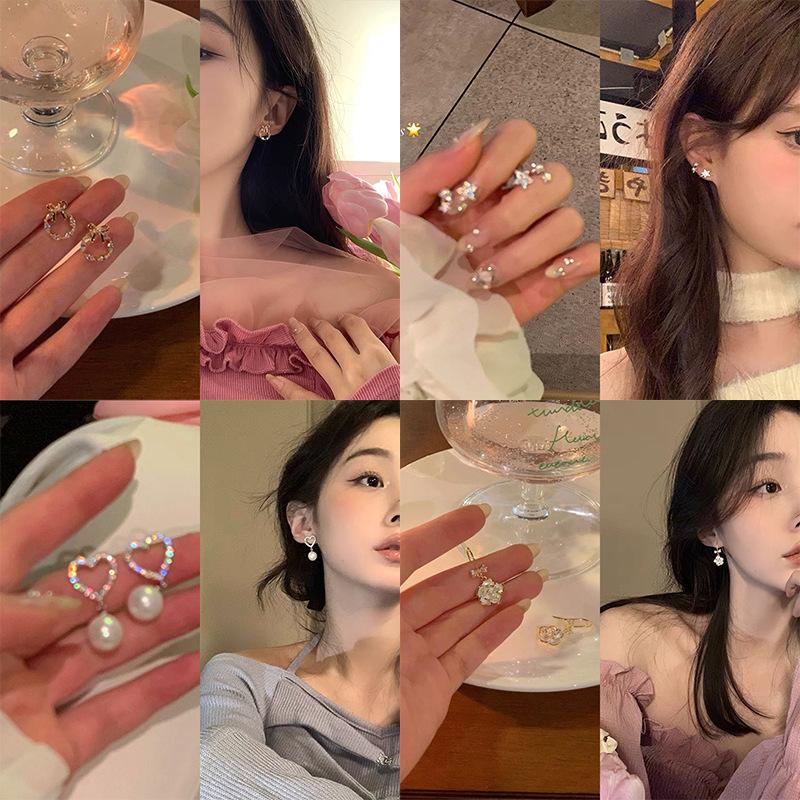 Silver needle pearl zircon earrings women's Korean ins mini stud earrings niche fashion temperament Mori earrings