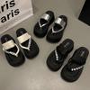 Stylish Thick Sole Women's Flip Flops Summer Casual Wedge Sandals In Black Color