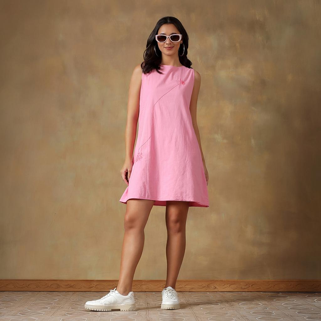 Pink Cotton Sleeveless Mini Dress | Loose Relaxed Fit Casual Day Dress, Resort Holiday & Vacation Outfit