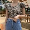 Женская футболка с леопардовым принтом, однобортная, с круглым вырезом, тонкая, с открытым пупком, с коротким рукавом, один размер, модная и сексуальная