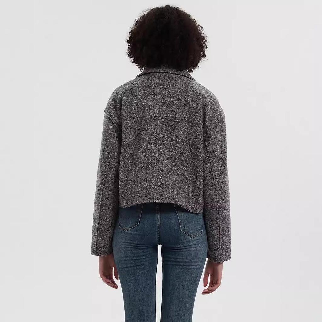 Женское пальто из серой шерсти в европейском и американском стиле с отложным воротником, большими карманами, для осени и зимы