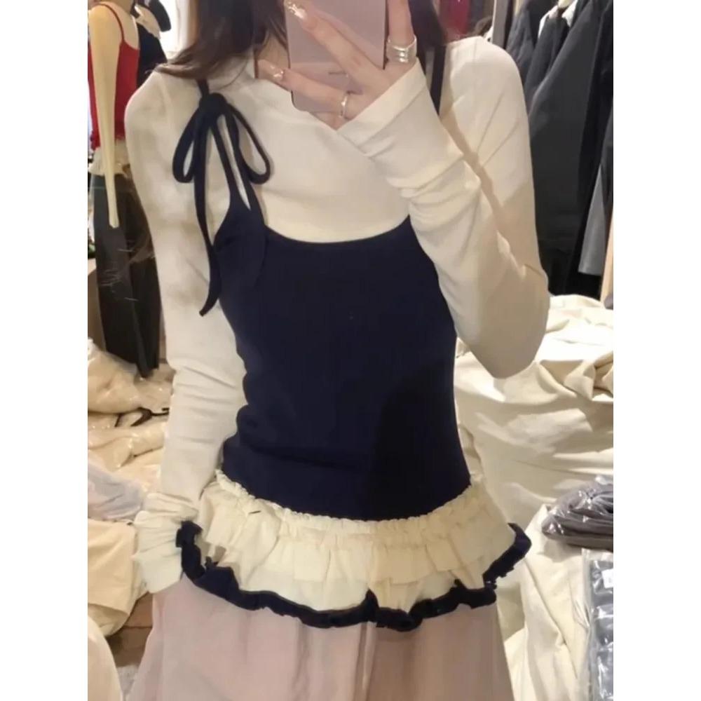 Корейские женские футболки Fake Two Chic Tees Длинные рукава О-образный вырез Оборки Милые майки Бандаж Повседневные футболки Y2k