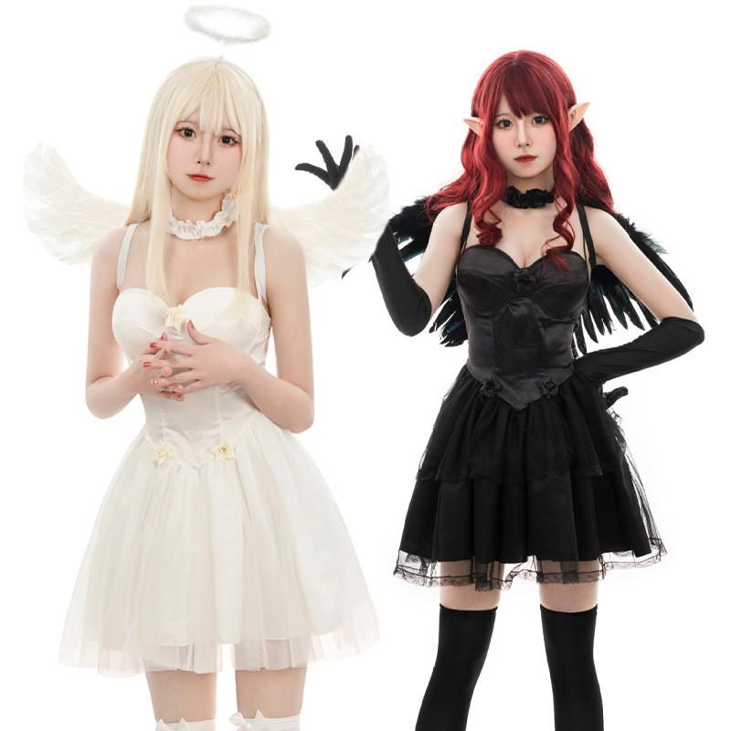 White Angel Costume With Tulle Skirt Wings Headband Necklace Gloves Anime Cosplay Party Stage Performance