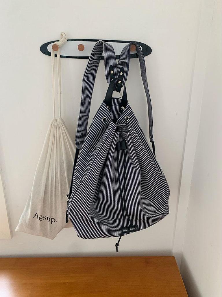 Корейский полосатый холщовый рюкзак: Женская Повседневная, Универсальная, Вместительная, Модная на Лето 2025