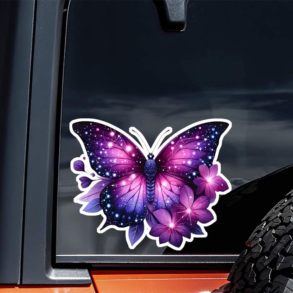 2pc Vibrant Purple Butterfly and Floral Decal, 5.12''x4.13'' Vinyl Self-Adhesive Sticker for Car, Truck, Motorcycle, Laptop - Animal Themed Design,