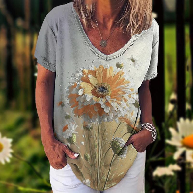 Новинка 2023 года, женская футболка, летние винтажные топы с цветочным принтом, повседневная блузка с v-образным вырезом, модный женский пуловер большого размера, женская одежда