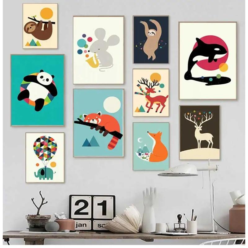 Canvas Painting Nordic Child Poster Fox Elk Raccoon Koala Cartoon Animal Print Modular Wall Art Pictures for Kids Room Decor