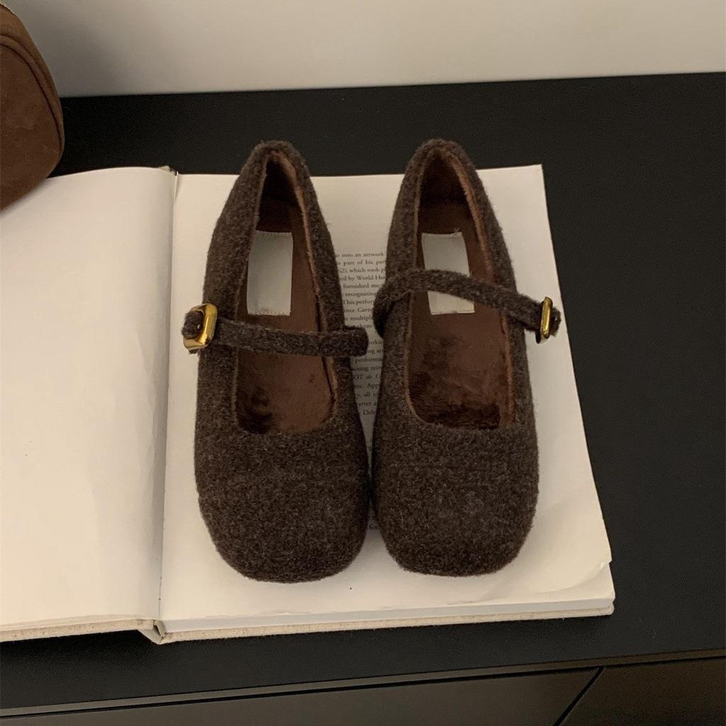 Женская зимняя обувь Мэри Джейн, повседневные нескользящие туфли на плоской подошве с ремешком на щиколотке, офисные туфли на плоской подошве, флисовые туфли Мэри Джейн с квадратным носком для женщин