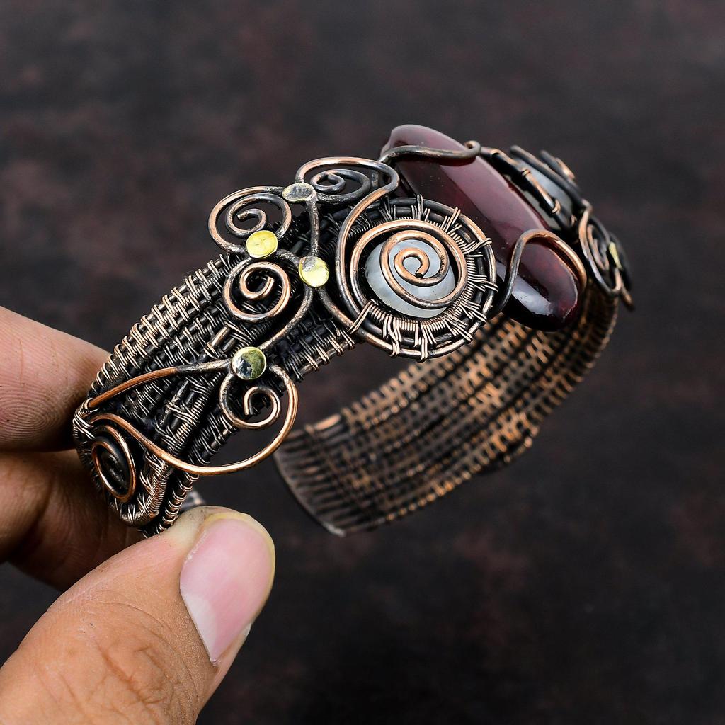 Красный огненный лабрадорит драгоценный камень браслет медная проволока обернутый лунный камень манжета браслет регулируемый браслет ручной работы медные украшения для подарка